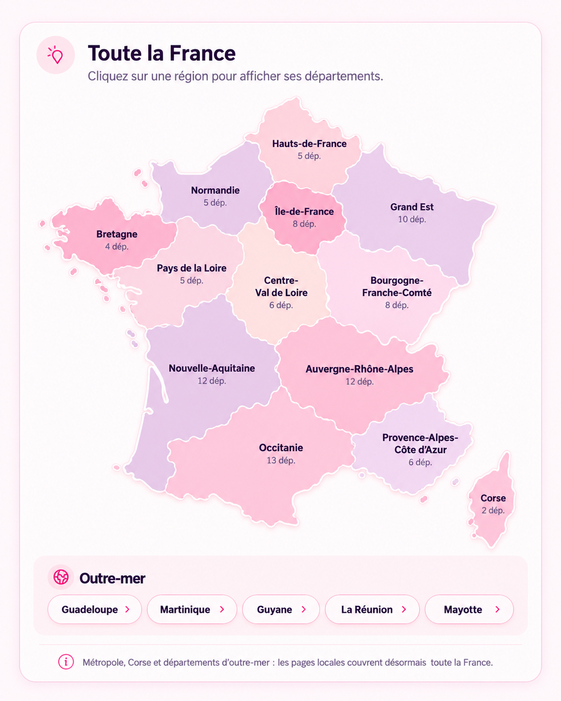 Carte de France par régions avec accès aux pages départementales SexyFriendly